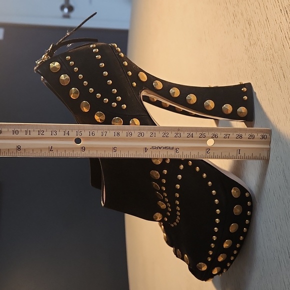 Miu Miu peeptoe platform heels. Black leather with gold studs. Preloved. - Picture 6 of 6